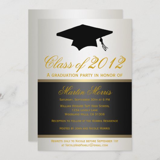 Uitnodiging voor Afstuderen in zwart-wit en goud (Voorkant / Achterkant)