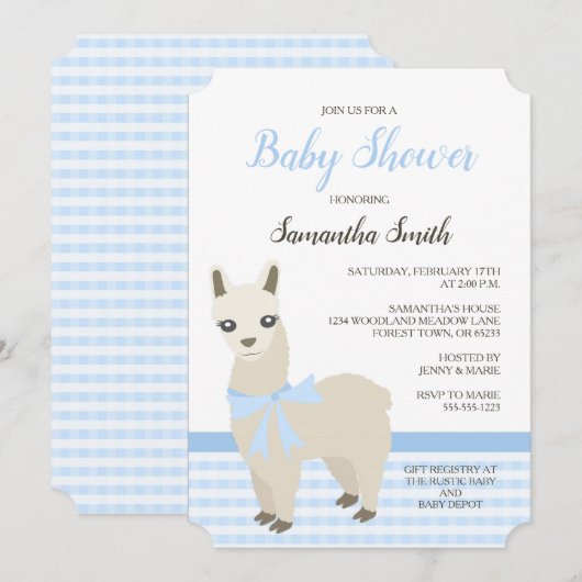 Uitnodiging voor Alpaca Blue Baby shower (Voorkant / Achterkant)