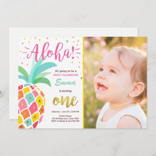 Uitnodiging voor ananas verjaardag Tropical Luau H (Voorkant / Achterkant)