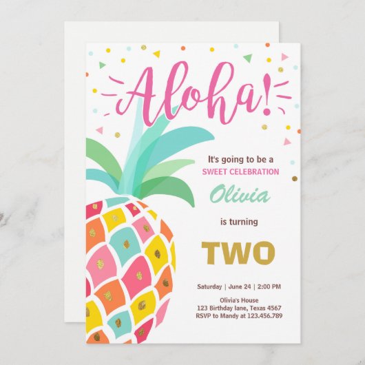 Uitnodiging voor ananas verjaardag Tropical Luau H (Voorkant / Achterkant)