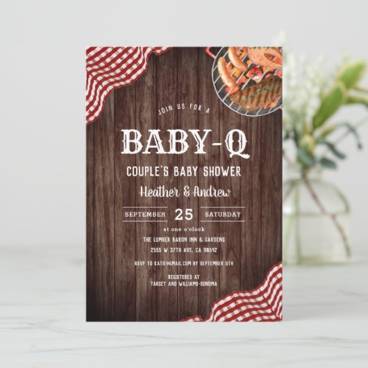 Uitnodiging voor baby-q picknick BBQ koppel baby s (Staand voorkant)