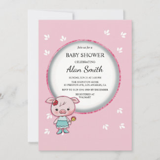 Uitnodiging voor baby shower met roze varkentje