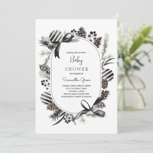 Uitnodiging voor Baby shower met zwarte kerst (Staand voorkant)