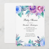Uitnodiging voor baby shower. Paarse en blauwe blo (Voorkant / Achterkant)