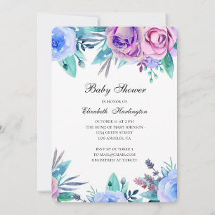 Uitnodiging voor baby shower. Paarse en blauwe blo