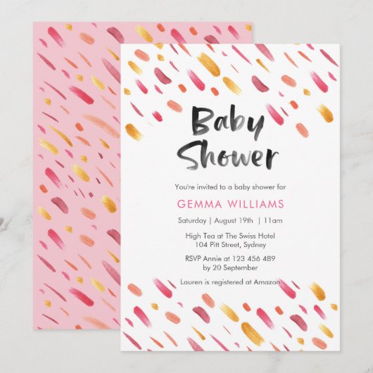 uitnodiging voor baby shower | Roze abstracte verf (Voorkant / Achterkant)