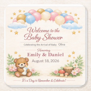 Uitnodiging voor baby shower Teddybeer Woodlan Vierkante Kartonnen Onderzetter
