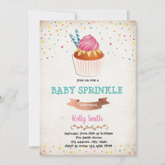 Uitnodiging voor baby sprinkle feestje met cupcake (Voorkant)