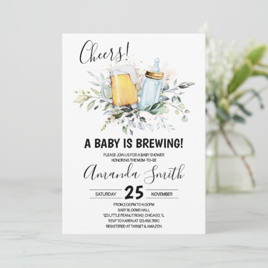 Uitnodiging voor babyborrel 'Baby is Brewing' (Staand voorkant)