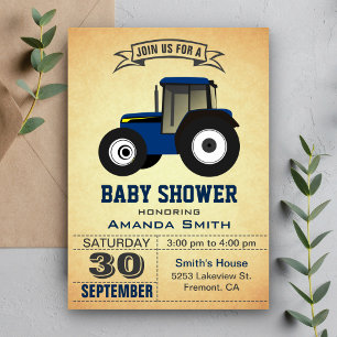 Uitnodiging voor babyborrel met blauwe boerentract