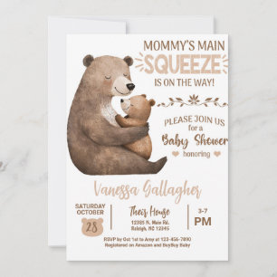 Uitnodiging voor babyborrel met mama en babybeer.