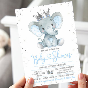 Uitnodiging voor babyfeest Jongen Olifant Prins