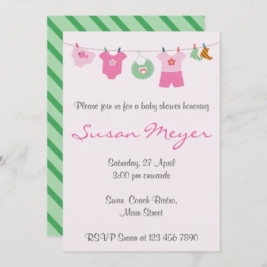 Uitnodiging voor babyfeest met babykleertjeslijn i (Voorkant / Achterkant)