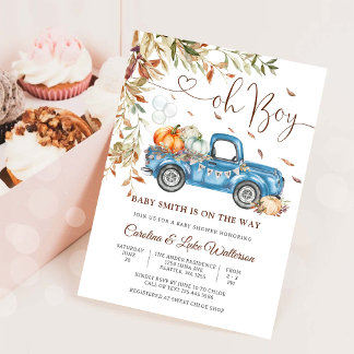 Uitnodiging voor babyfeestje 'Blauwe Truck Herfst'