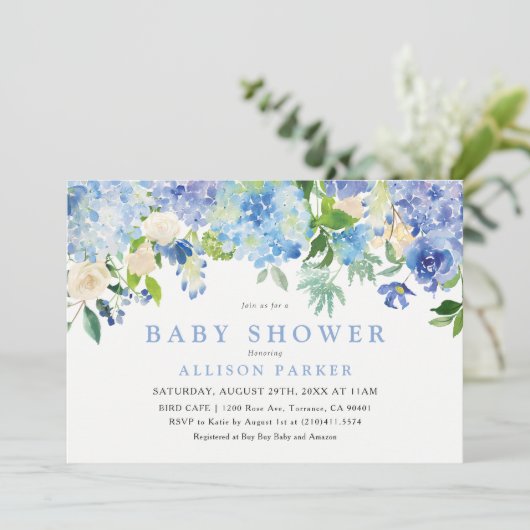 Uitnodiging voor babyfeestje met blauwe aquarel bl (Staand voorkant)