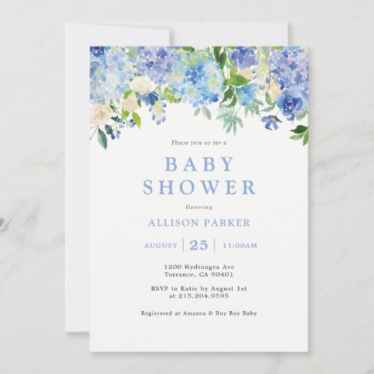 Uitnodiging voor babyfeestje met waterverfhydrange (Voorkant)