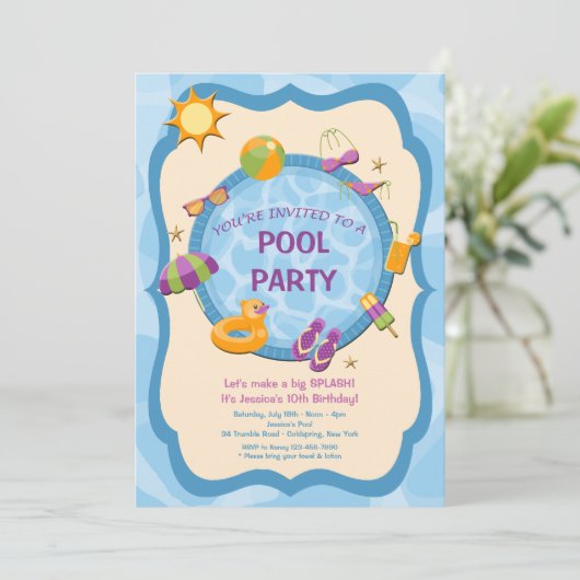 Uitnodiging voor backyard Pool Party (Staand voorkant)