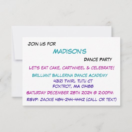 Uitnodiging voor Ballerina Dansfeest (Achterkant)