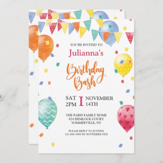 Uitnodiging voor ballonverjaardag Bash (Voorkant / Achterkant)