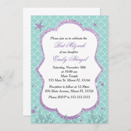 Uitnodiging voor Bat Mitzvah Onder De Zee Paars Te (Voorkant / Achterkant)