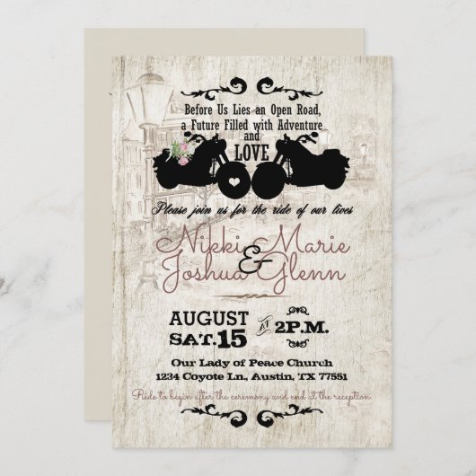 Uitnodiging voor bikerhuwelijk Open weg avontuur (Voorkant / Achterkant)