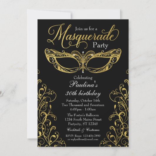 Uitnodiging voor Black and Gold Masquerade Mask Pa (Voorkant)