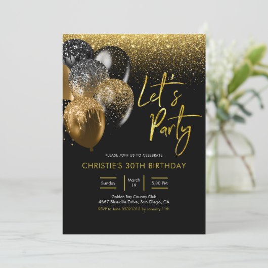 Uitnodiging voor Black and Gold Sparking Let's Par (Staand voorkant)