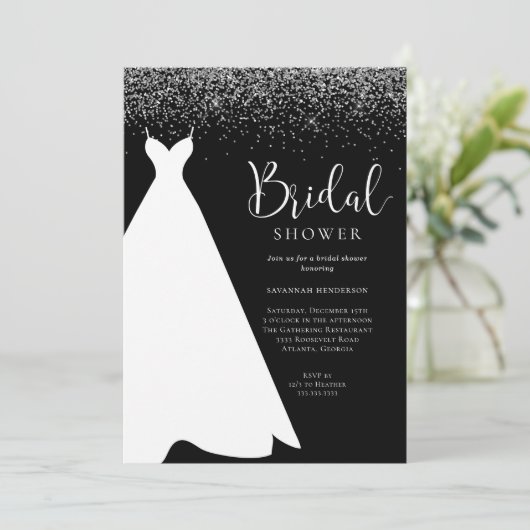 Uitnodiging voor Black and Silver Glitter Bridal S (Staand voorkant)