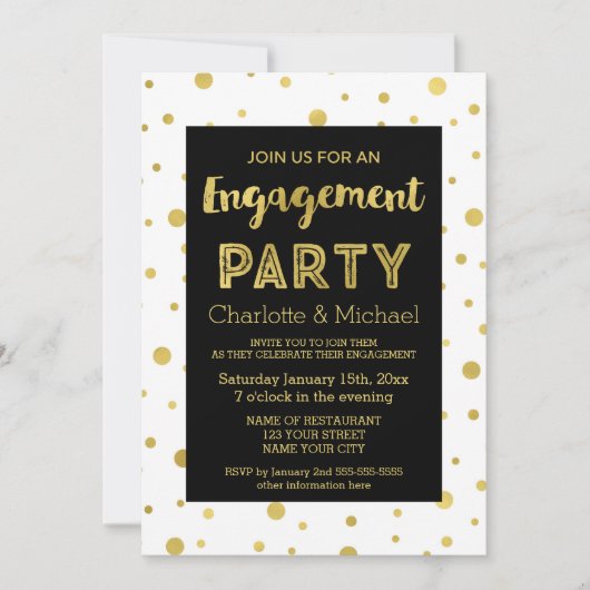 Uitnodiging voor Black Gold Confetti Engagement Pa (Voorkant)