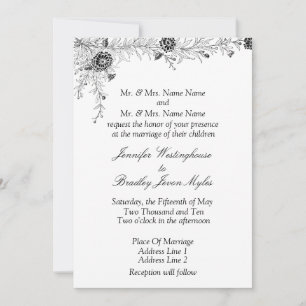 Uitnodiging voor Black White Floral Wedding