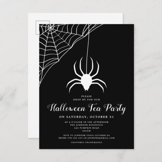 Uitnodiging voor Black White Spider Halloween Tea  (Voorkant / Achterkant)