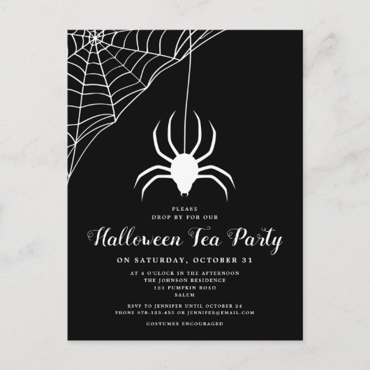 Uitnodiging voor Black White Spider Halloween Tea (Voorkant)