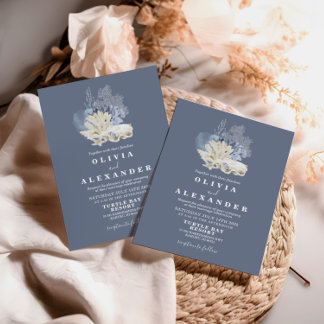 Uitnodiging voor blauwe bruiloft op strand van Sea