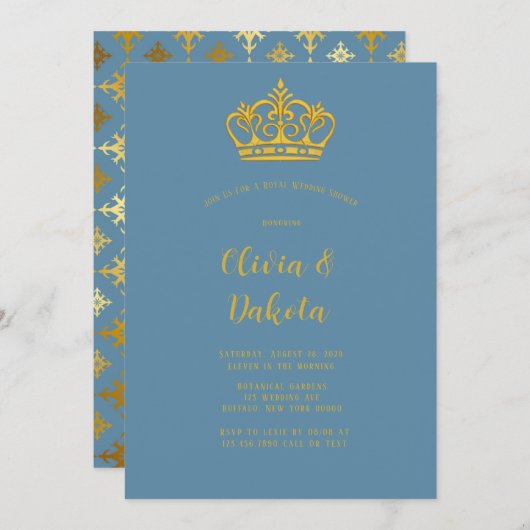 Uitnodiging voor blauwe en gouden koninklijke brui (Voorkant / Achterkant)