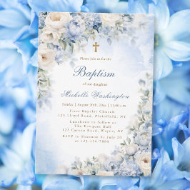 Uitnodiging voor blauwe en ivoren bloemdoop