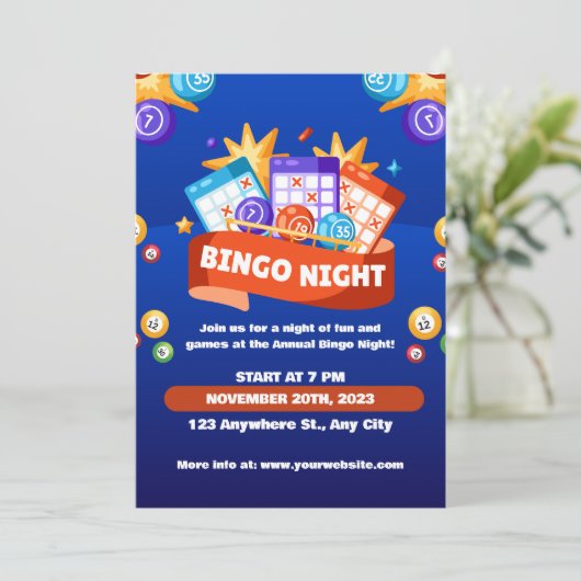 Uitnodiging voor Blauwe en Oranje Bingo Fun Night (Staand voorkant)