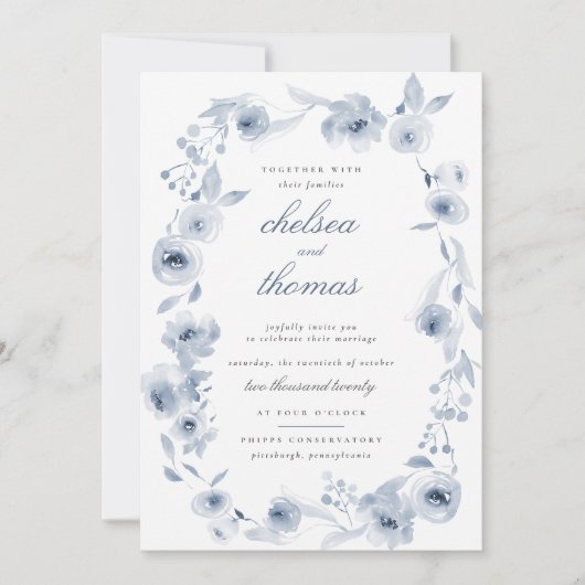 Uitnodiging voor blauwe Floral Border Wedding (Voorkant)