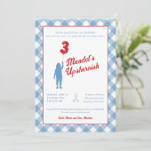 Uitnodiging voor Blauwe Gingham met Rode Ballon Up (Staand voorkant)