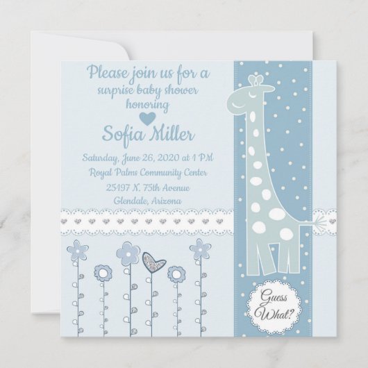 Uitnodiging voor Blue Giraffe Baby Shower (Voorkant)
