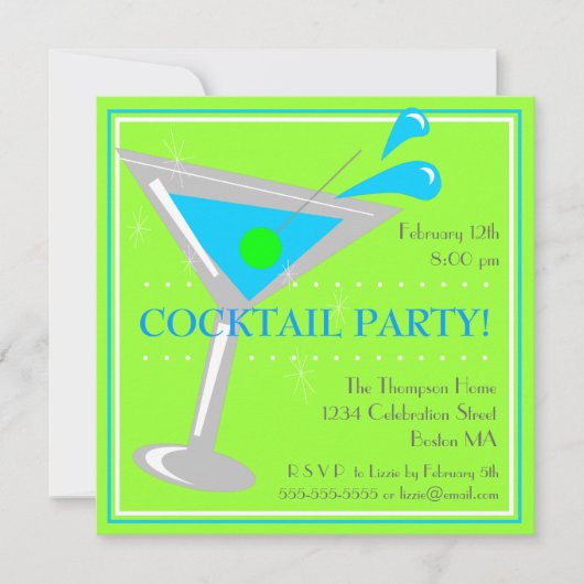 Uitnodiging voor Blue Martini Cocktailparty (Voorkant)