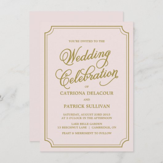 Uitnodiging voor Blush & Gold Whimsical Script Wed (Voorkant / Achterkant)