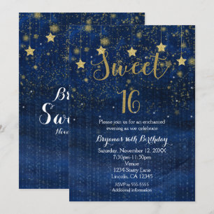 Uitnodiging voor Bright Blue & Gold Stars Sweet 16