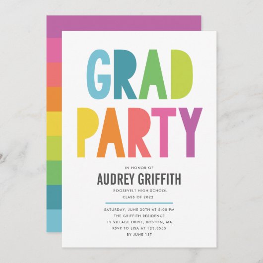 Uitnodiging voor Bright Colorful Afstudeerder Part (Voorkant / Achterkant)