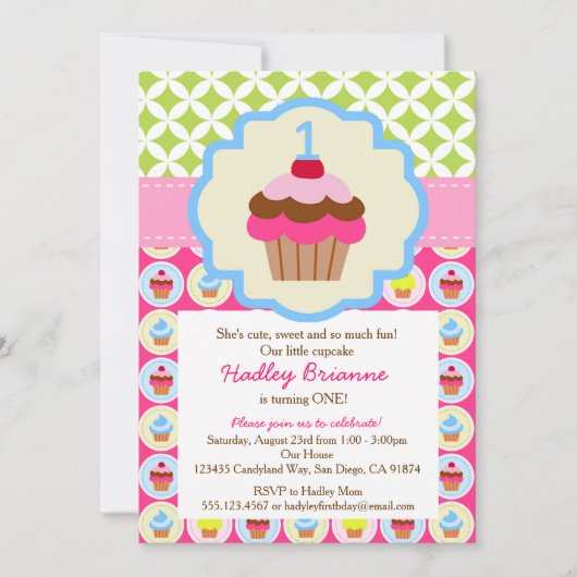 Uitnodiging voor Bright Cupcake 1st verjaardag (Voorkant)
