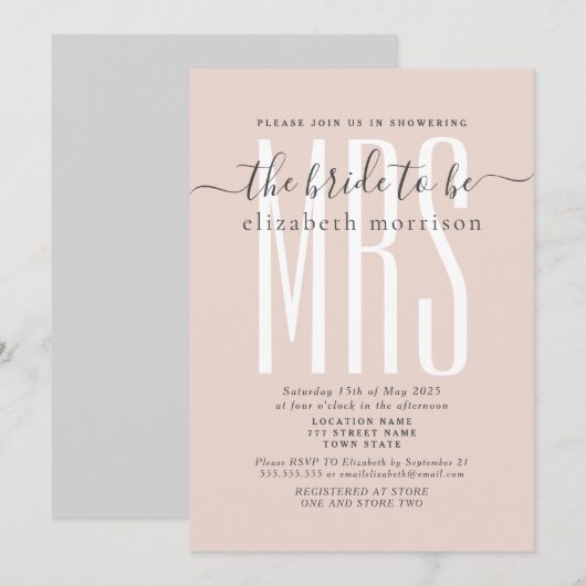 Uitnodiging voor bruidsdouche met Blush Script (Voorkant / Achterkant)