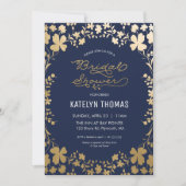 Uitnodiging voor bruidsdouche,  Navy Gold Flower (Voorkant)