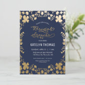 Uitnodiging voor bruidsdouche,  Navy Gold Flower (Staand voorkant)