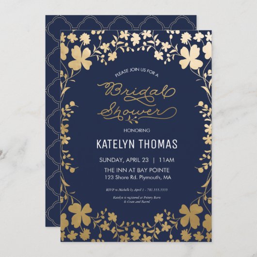 Uitnodiging voor bruidsdouche,  Navy Gold Flower (Voorkant / Achterkant)