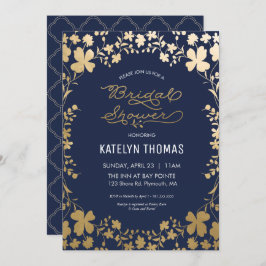 Uitnodiging voor bruidsdouche,  Navy Gold Flower