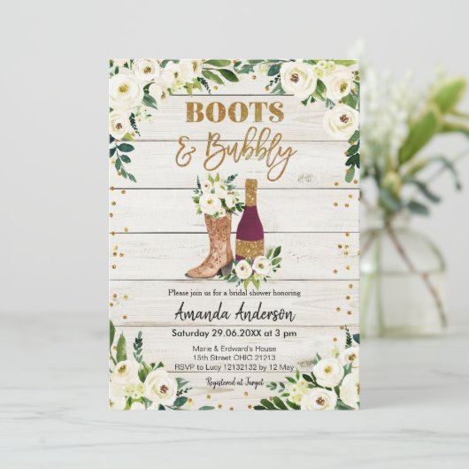 Uitnodiging voor bruidsmeisjeshuisfeest met laarze (Staand voorkant)